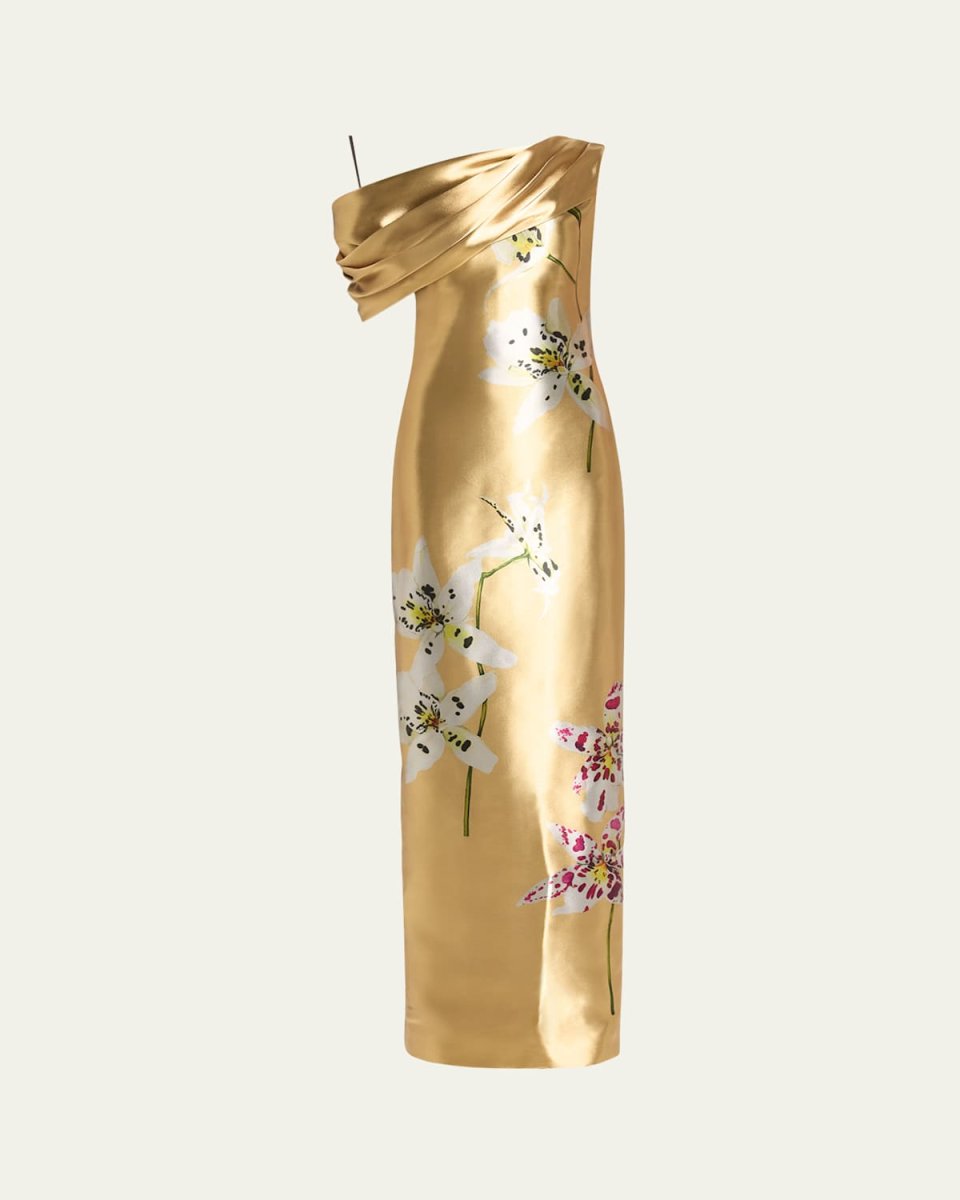 Draped One-Shoulder Metal Orchid Gown